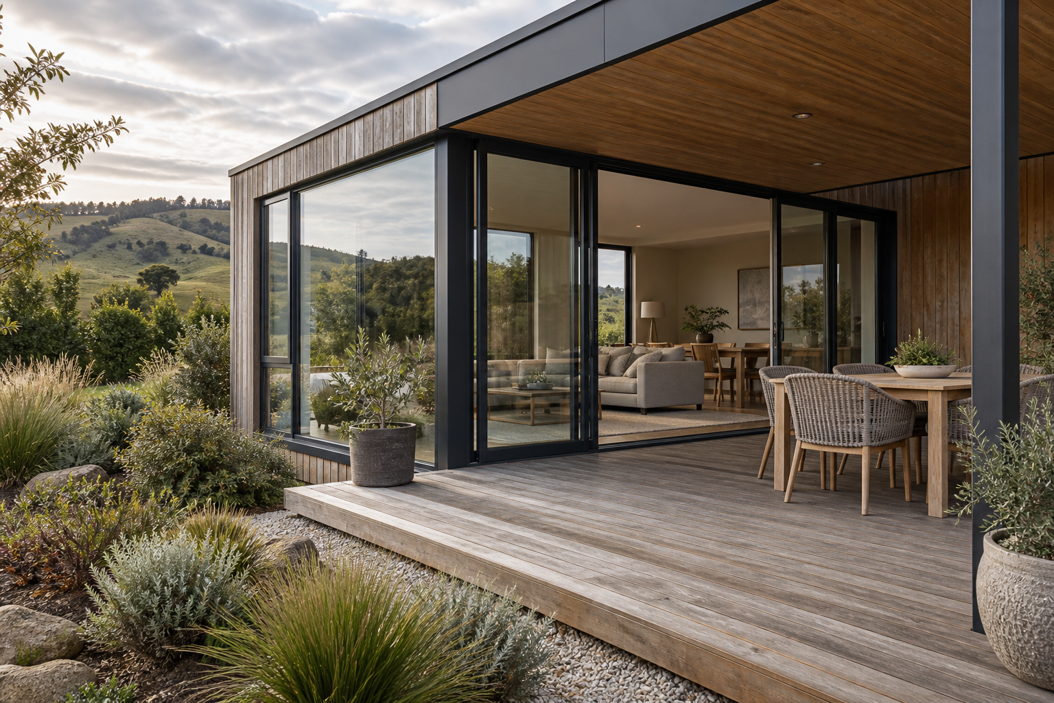 Sample placeholder image of a timber-clad home addition with large aluminium corner windows and doors