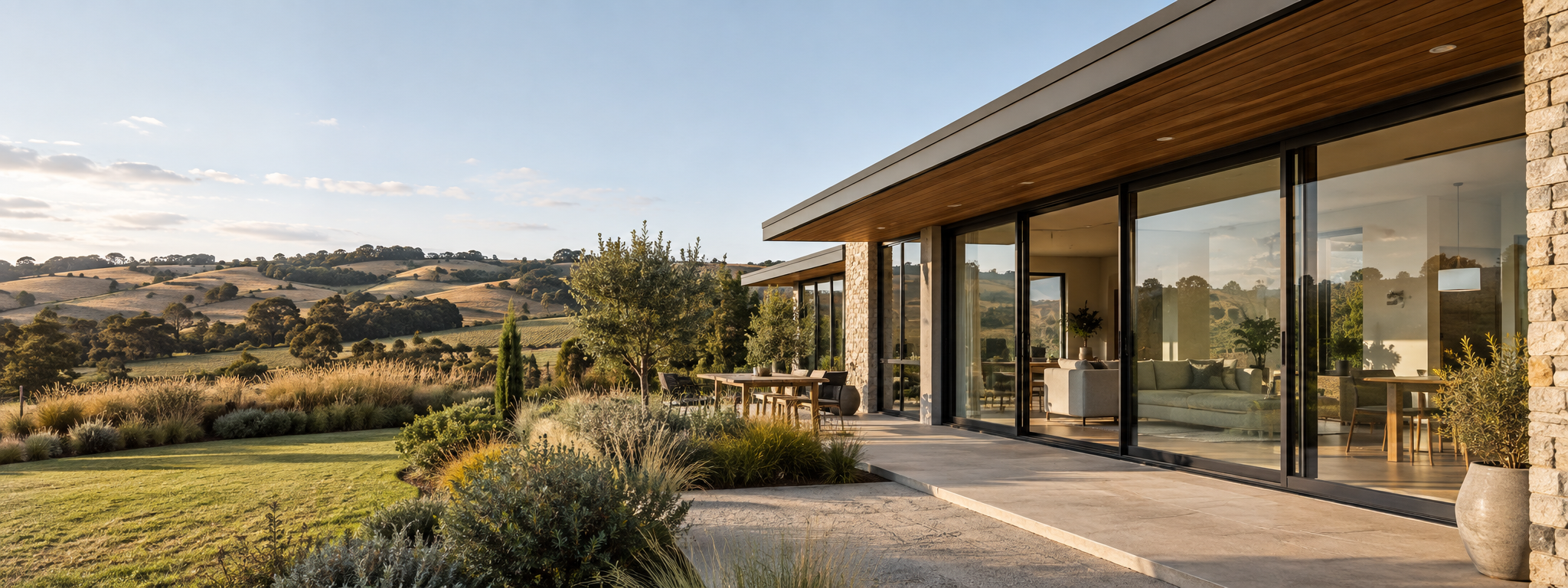 Sample placeholder image of a contemporary home with large aluminium doors opening to a rural landscape