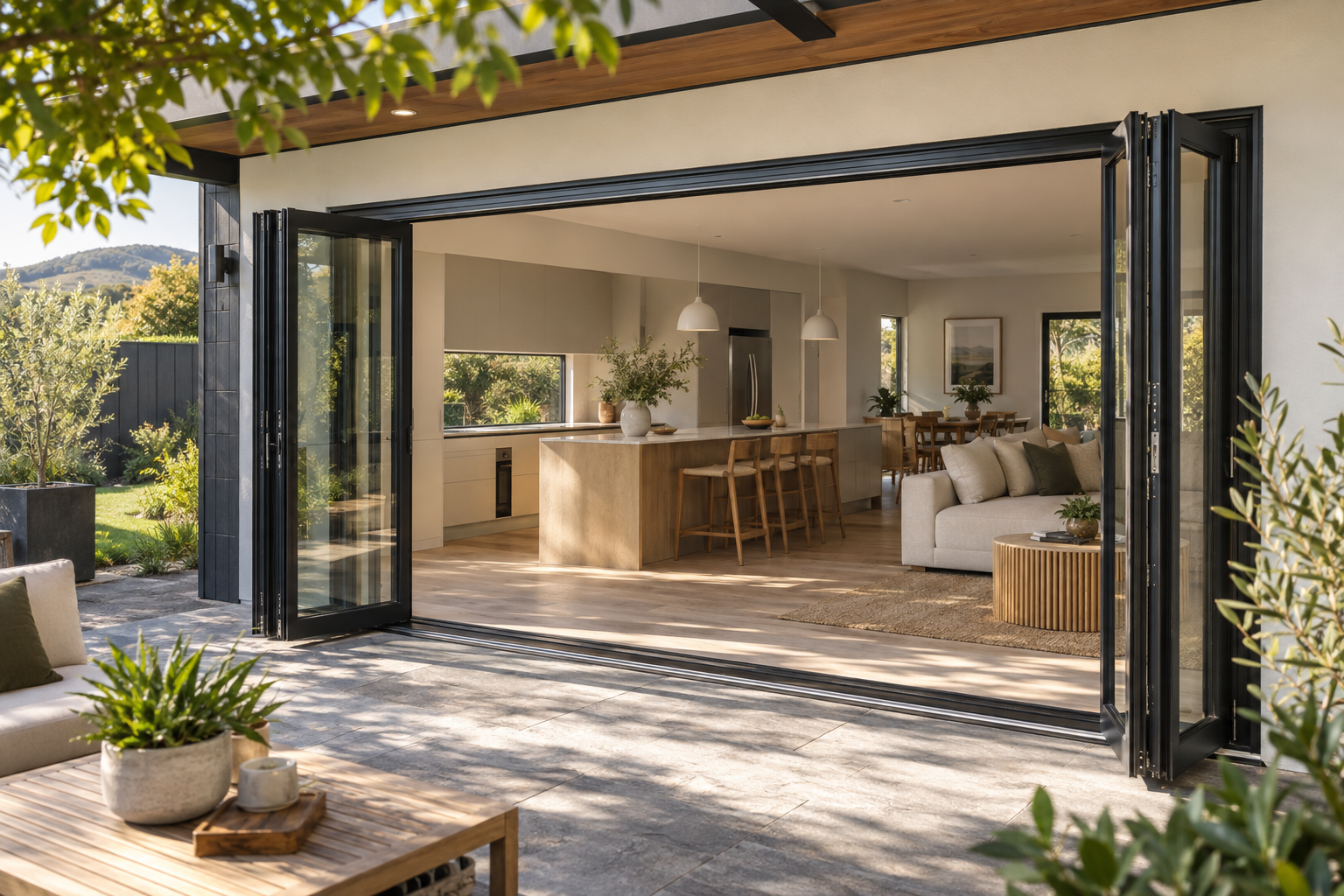 Sample placeholder image of aluminium bifold doors opening into a renovated kitchen and living space